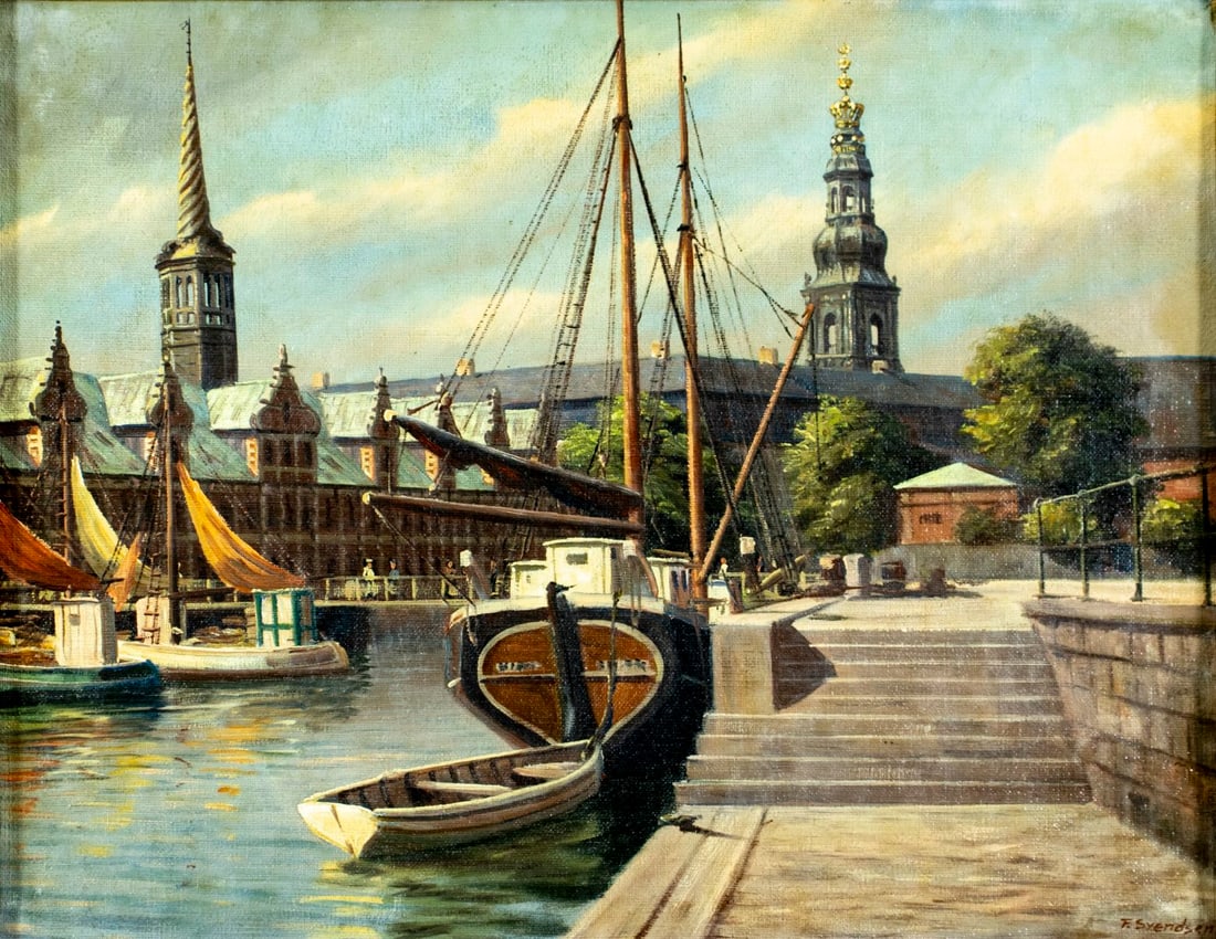 Frederik Svendsen (Denmark,1885-1975) oil painting: ARTIST: Frederik Svendsen (Danish, 1885 - 1975) TITLE: Copenhagen Cityscape, Denmark MEDIUM: oil on canvas CONDITION: One small paint loss to the upper right corner. No visi