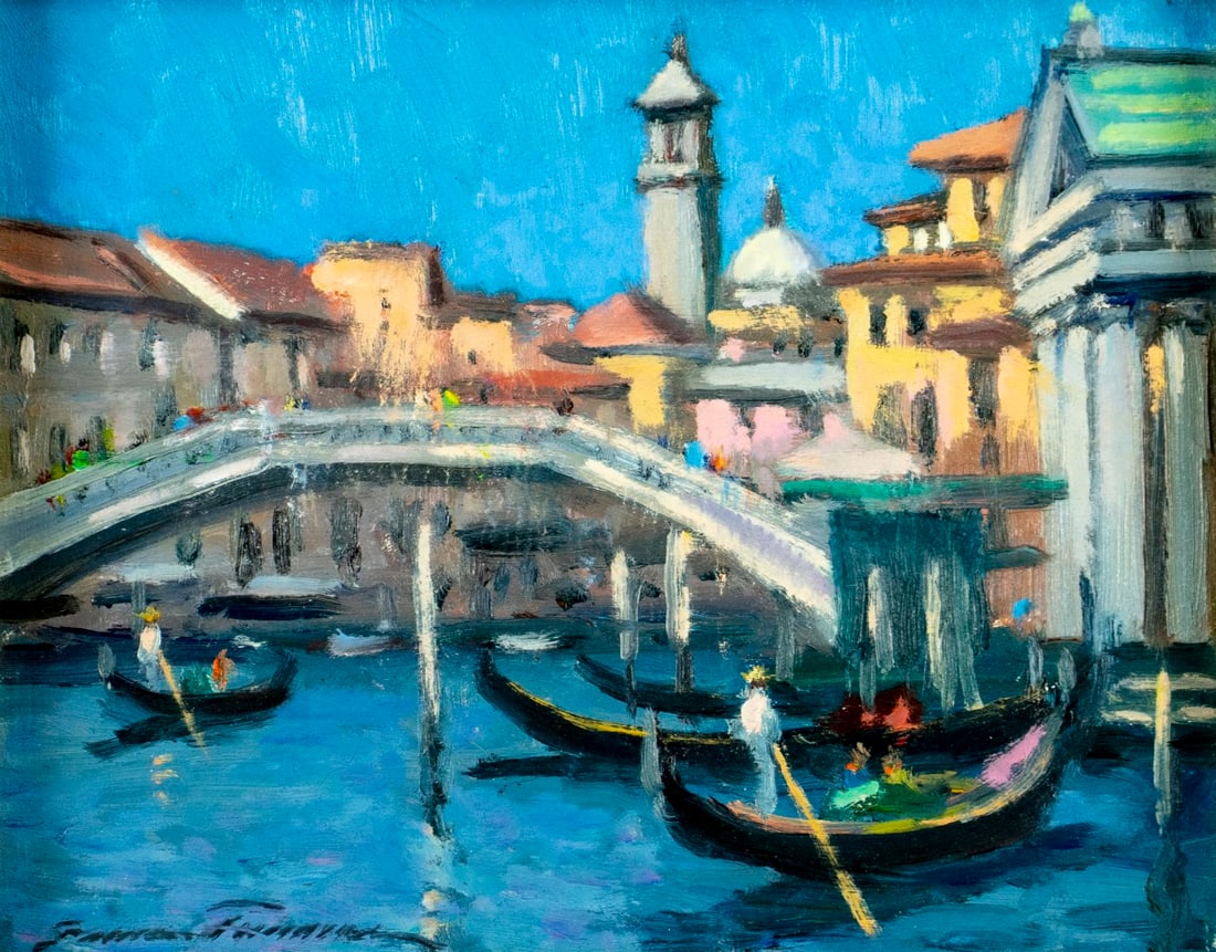 Bruce Backman Turner (MA,1941-?) oil painting: ARTIST: Bruce Backman Turner (Massachusetts, 1941 - ???) TITLE: Venice Afternoon, Italy (titled on verso) MEDIUM: oil on board CONDITION: Few very minor scratches/paint loss