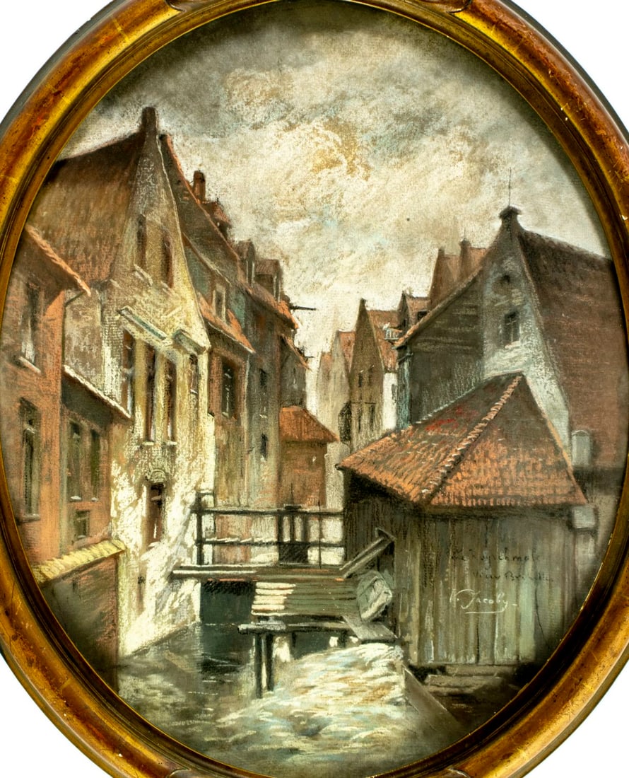 V Jacoby (Europe,early 20C) pastel painting antique: ARTIST: V Jacoby (European, early 20 century) TITLE: European Canal Cityscape MEDIUM: pastel on paper CONDITION: Some age toning. One tear near the lower edge. Framed under