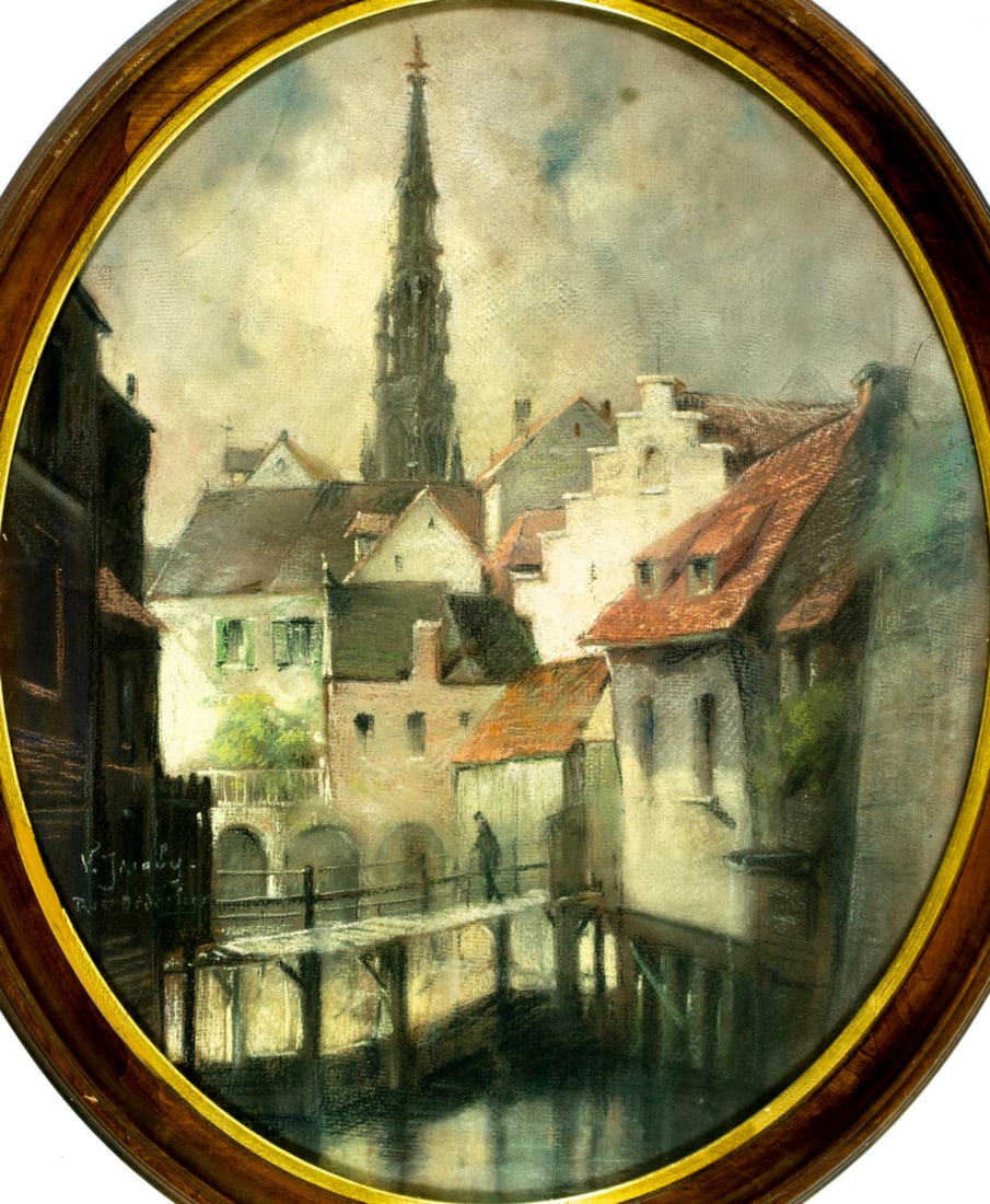V Jacoby (Europe,early 20C) pastel painting antique: ARTIST: V Jacoby (European, early 20 century) TITLE: European Cityscape with Church Spire MEDIUM: pastel on paper CONDITION: Some age toning. Tear to the right edge. Framed