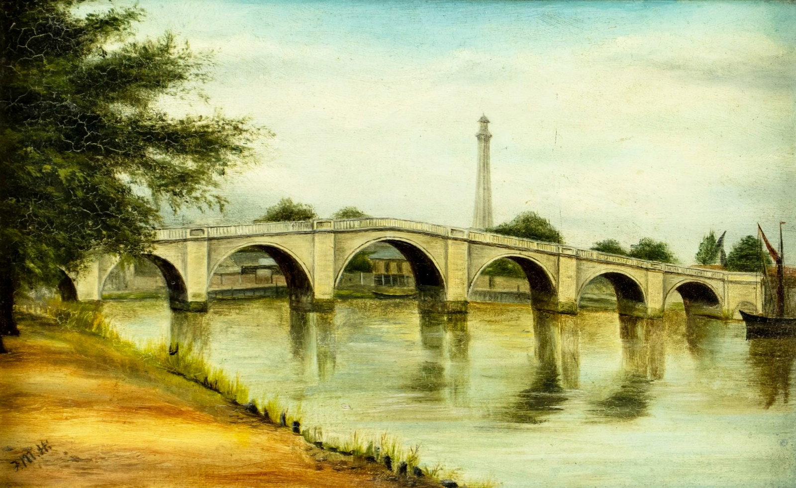 Antique early 20C British oil painting: ARTIST: - (United Kingdom, early 20 century) TITLE: Richmond Bridge Landscape, UK MEDIUM: oil on board CONDITION: Some craquelure. No visible inpaint under UV light. Some da