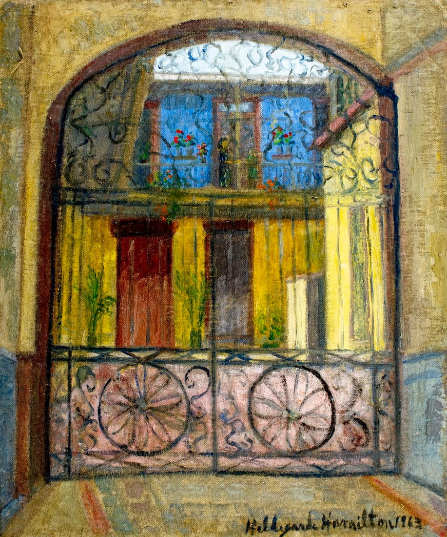 Hildegarde Hamilton (FL,VA,1898-1970) oil painting: ARTIST: Hildegarde Hume Hamilton (Florida, Virginia, 1898 - 1970) TITLE: Cityscape YEAR: 1963 MEDIUM: oil on canvas CONDITION: Unstretched (In-House stre