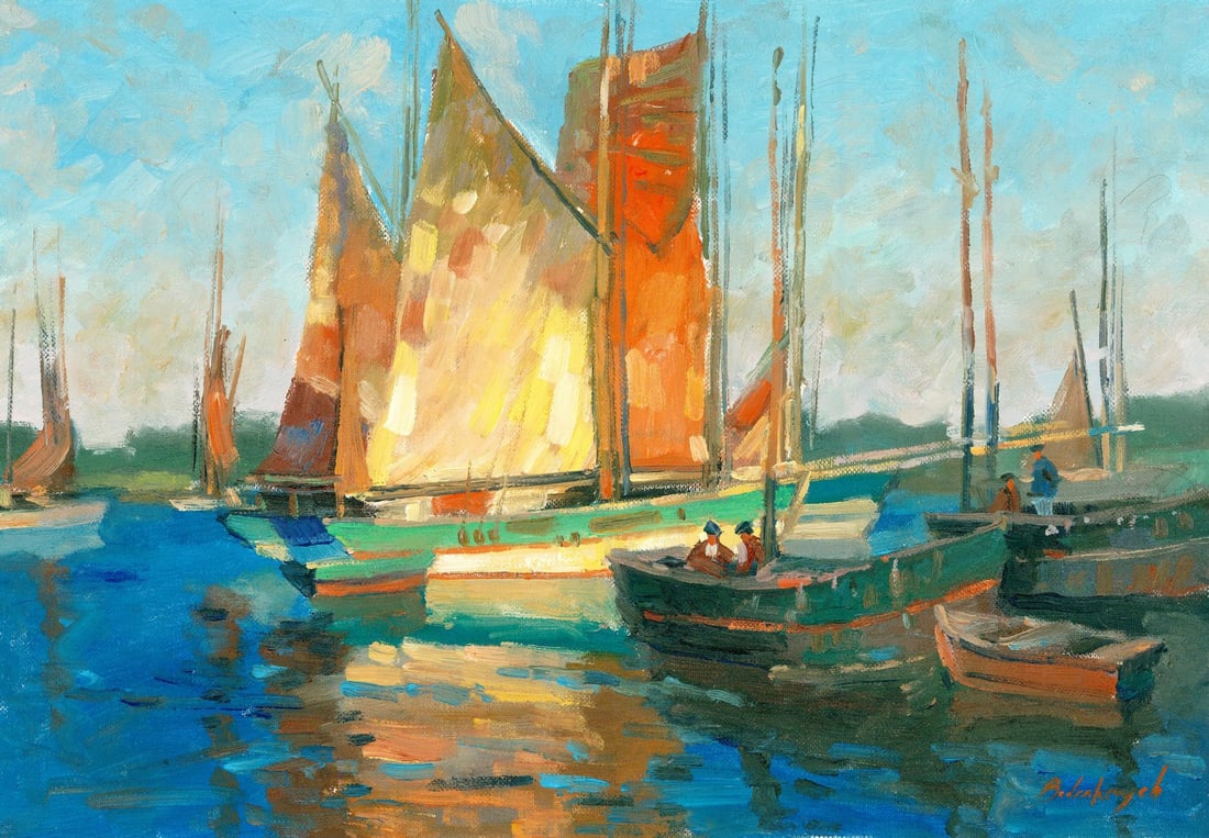 Volodymyr Budenkevych (Ukraine,20/21C) oil painting: ARTIST: Volodymyr Budenkevych (Ukrainian, 20/21 centuries) TITLE: Harbor Scene with Boats MEDIUM: oil on heavy paper CONDITION: Very good. No visible inpaint under UV light.