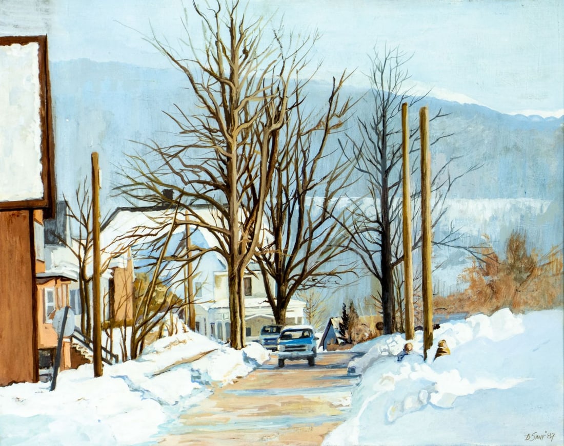 B Sant (US,20C) gouache painting: ARTIST: B Sant (American, 20 century) TITLE: Winter Town Scene YEAR: 1987 MEDIUM: gouache on paper CONDITION: One minor scratch/paint loss by the left ed