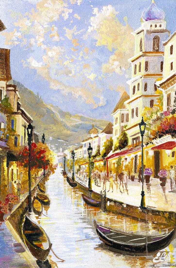 Evgeny Severov (Ukraine,b 1938) oil painting: ARTIST: Evgeny Alexandrovich Severov (Ukraine, born 1938) TITLE: Canal Cityscape MEDIUM: oil on board CONDITION: Very good. No visible inpaint under UV light. ART