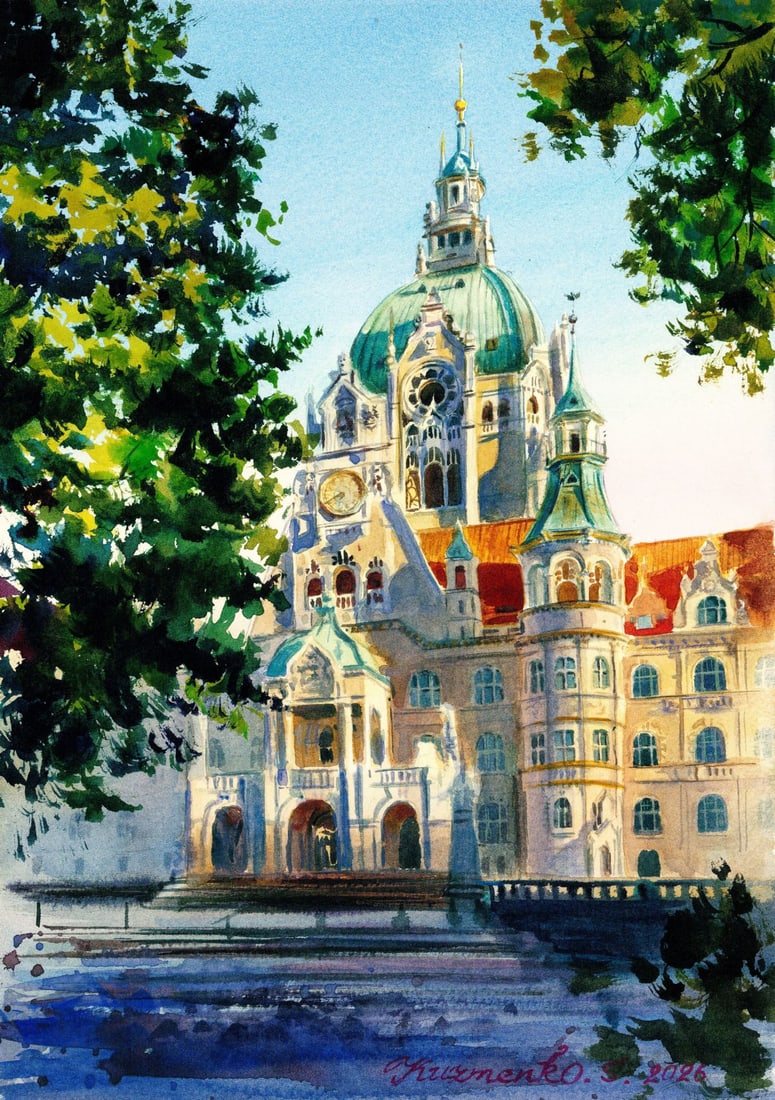 Sofia Kuzmenko (Ukraine,20/21C) watercolor painting: ARTIST: Sofia Kuzmenko (Ukraine, 20/21 centuries) TITLE: Cityscape - Neues Rathaus, Hanover, Germany MEDIUM: watercolor on heavy paper CONDITION: Very good. ART S