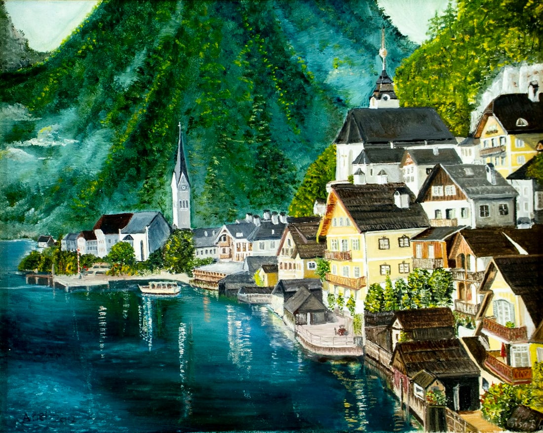Ariel (Austria,20/21C) oil painting: ARTIST: Ariel (Austrian, 20/21 centuries) TITLE: Alpine Lakeside Cityscape YEAR: 2012 MEDIUM: oil on canvas CONDITION: Overall good. No visible inpaint u