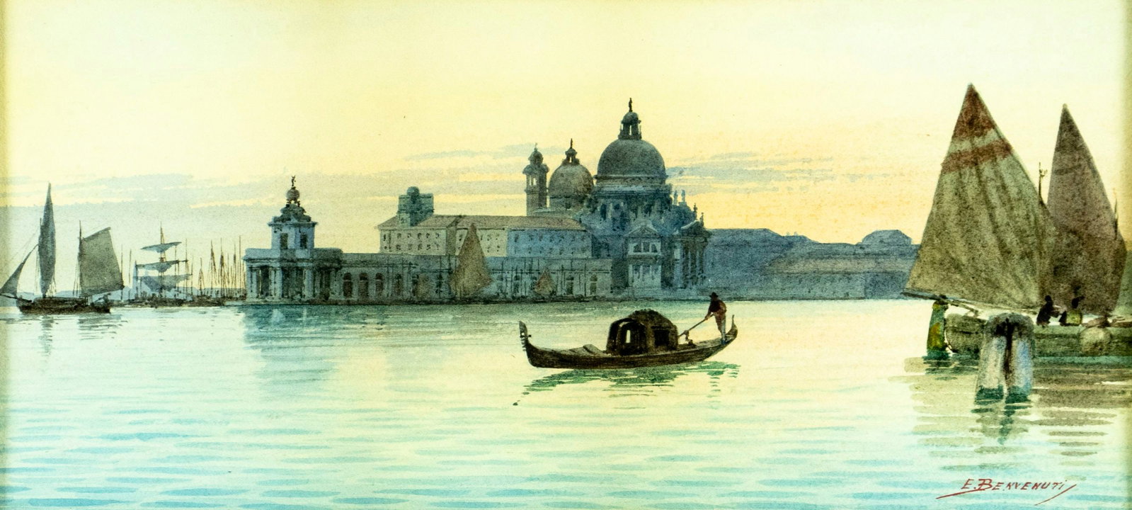 Eugenio Benvenuti (Italy,1881-1959) watercolor painting: ARTIST: Eugenio Benvenuti (Italian, 1881 - 1959) TITLE: Venice Cityscape MEDIUM: watercolor on paper CONDITION: Minor age toning. Framed under glass. Minor damages to frame.