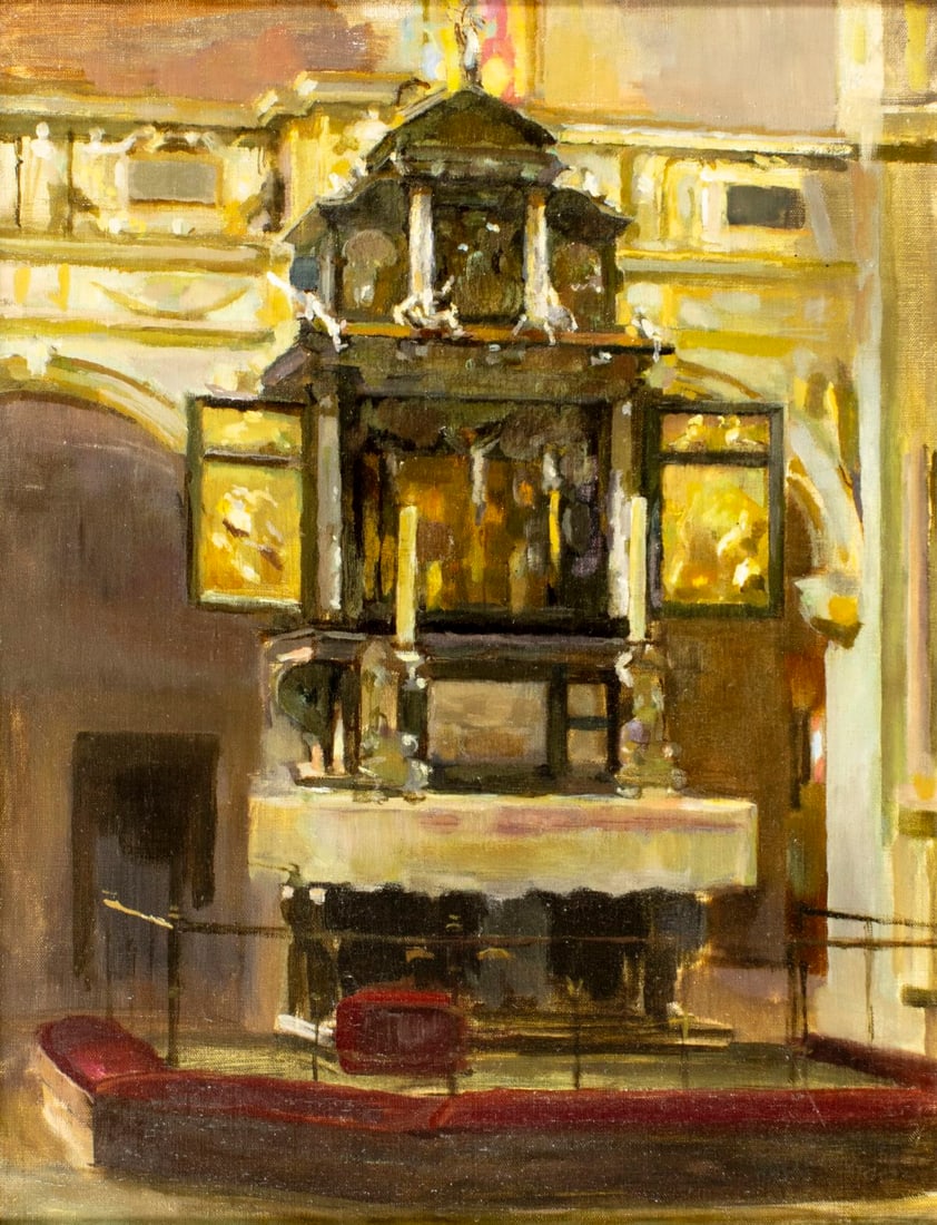 Vintage mid 20C European oil painting: ARTIST: - (European, mid 20 century) TITLE: Fredericksborg Castle Chapel MEDIUM: oil on canvas CONDITION: Very good. No visible inpaint under UV light. ART SIZE:<