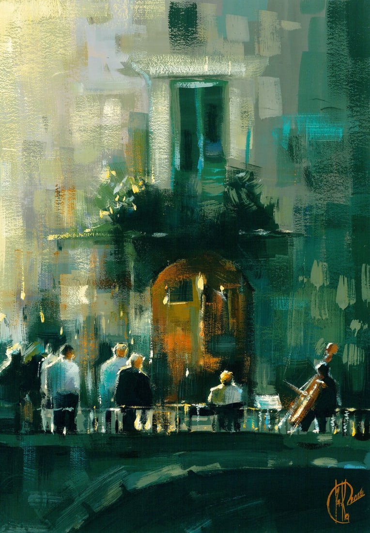 Ivanna Kotulych (Ukraine,20/21C) acrylic painting: ARTIST: Ivanna Kotulych (Ukraine, 20/21 centuries) TITLE: Cityscape with Musicians MEDIUM: acrylic on heavy paper CONDITION: Very good. No visible inpaint under UV light.