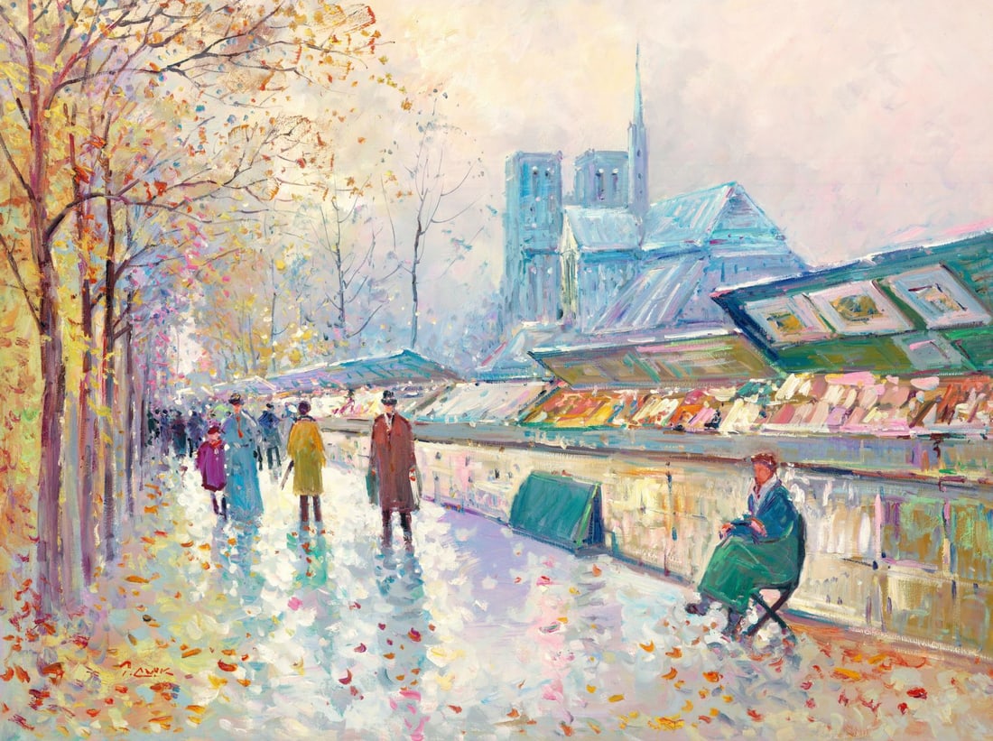 P Mak (Canada,CA,b 1958) oil painting: ARTIST: P Mak (Canadian, California, born 1958) TITLE: Cityscape - Notre-Dame, Paris MEDIUM: oil on canvas CONDITION: Unstretched (In-House stretching available). Overall go