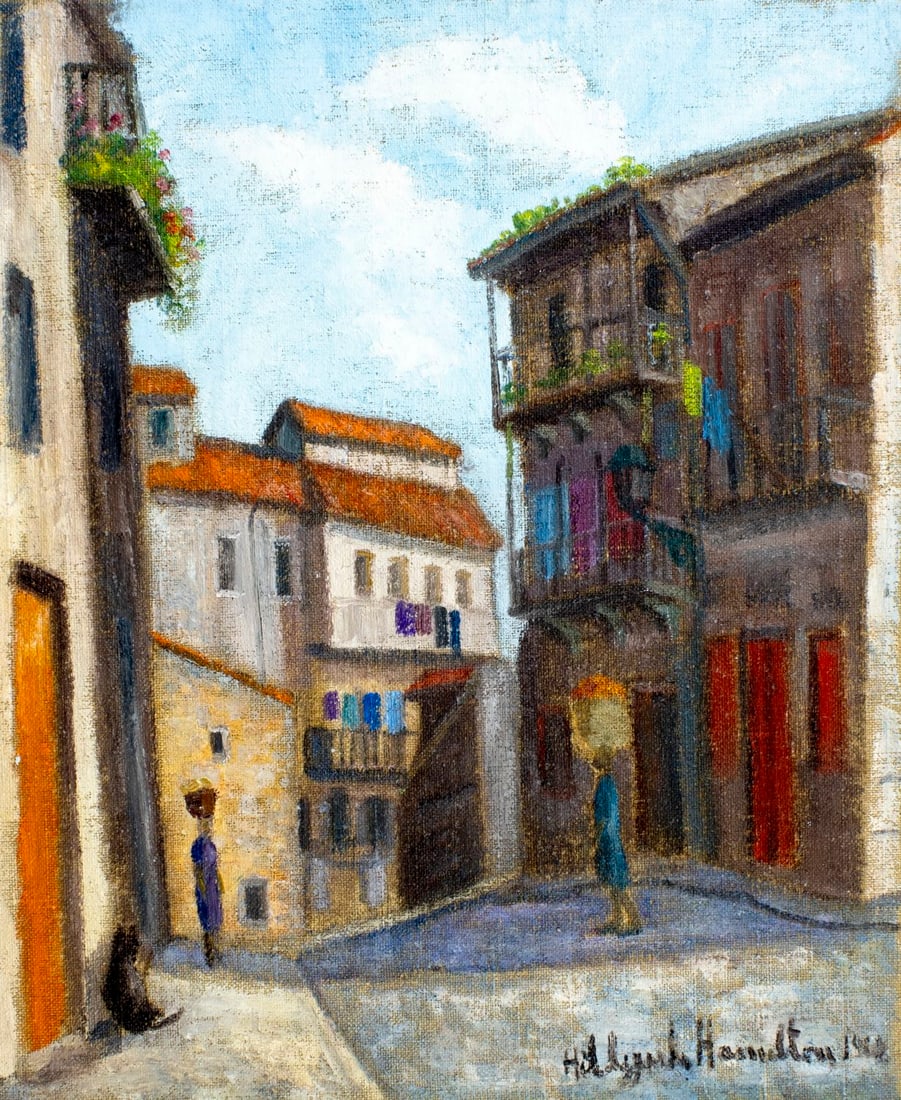 Hildegarde Hamilton (FL,VA,1898-1970) oil painting: ARTIST: Hildegarde Hume Hamilton (Florida, Virginia, 1898 - 1970) TITLE: Cityscape MEDIUM: oil on canvas CONDITION: Unstretched (In-House stretching available) (In-House str