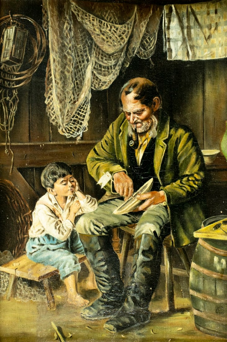 Antique 19C American oil painting: ARTIST: - (American, 19 century) TITLE: New Toy MEDIUM: oil on canvas CONDITION: Some small paint losses. Some craquelure. Some scattered minor inpaintings. Wear to frame.