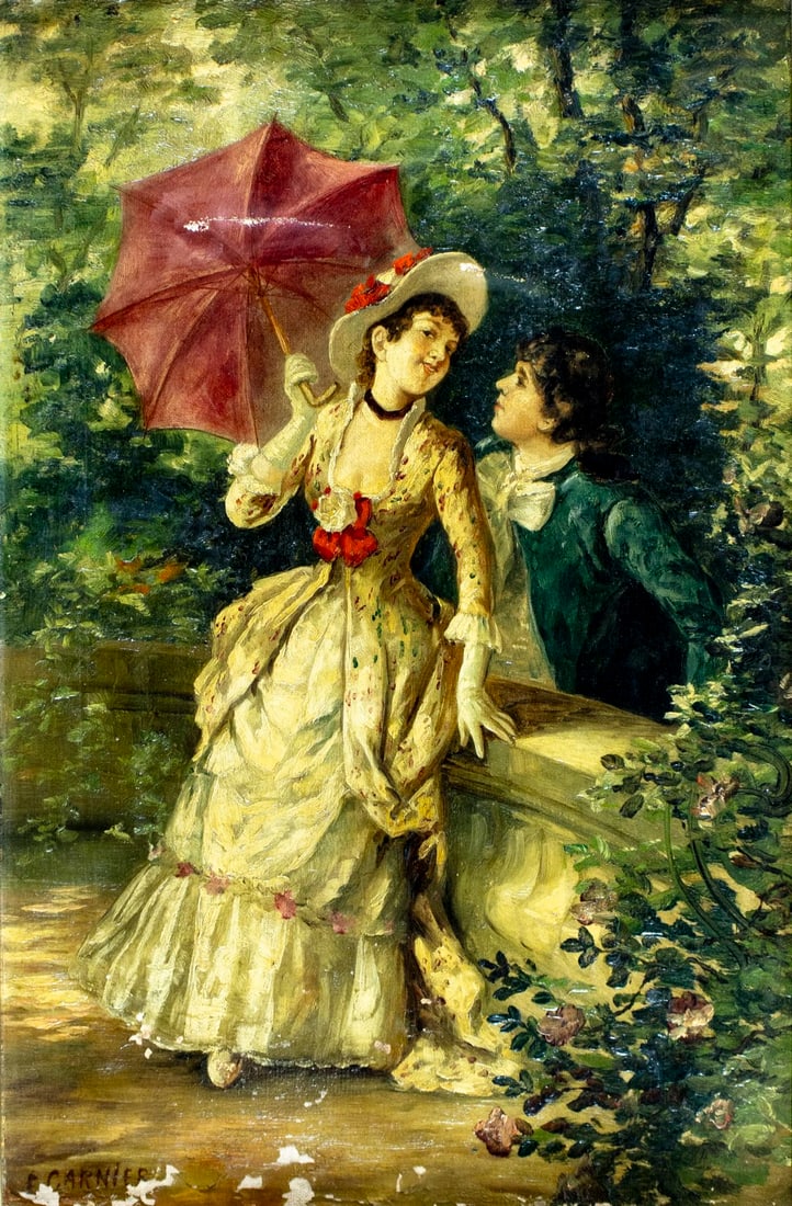 Carnier (US,19C) oil painting antique: ARTIST: Carnier (American, 19 century) TITLE: Courting Couple in Garden MEDIUM: oil on canvas CONDITION: Two patches. Some scratches/paint losses. No visible inpaint under U