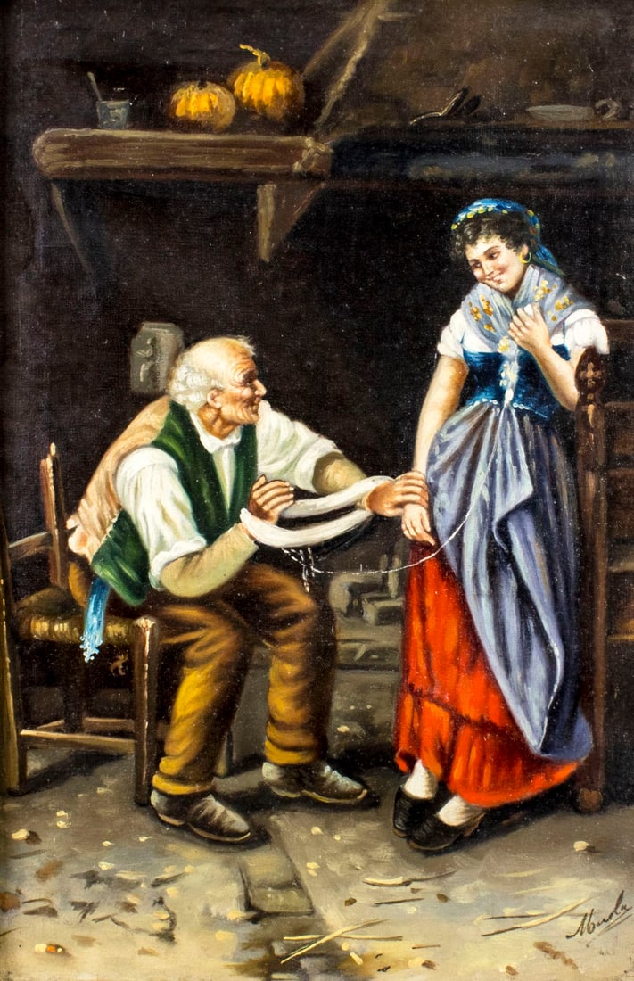 Antique 19C Italian oil painting: ARTIST: - (Italy, 19 century) NAME: Courting Couple MEDIUM: oil on canvas CONDITION: Overall good. No visible inpaint under UV light. SIGHT SIZE: 15 x 10 inches / 38 x 25 cm F