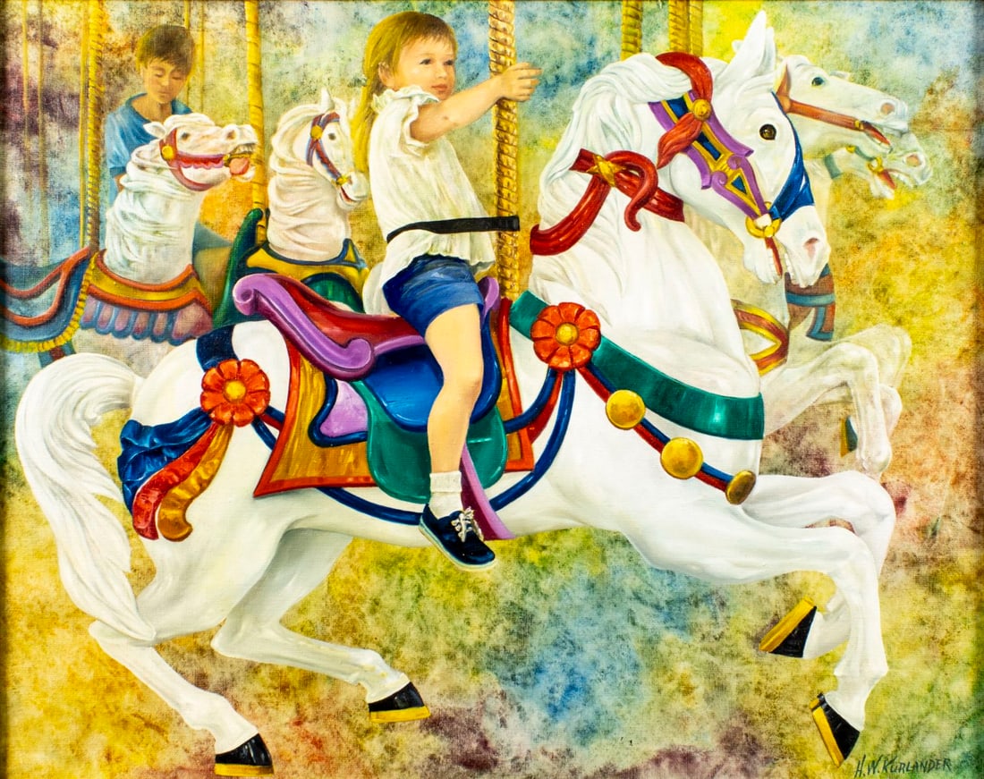 Honey W Kurlander (NY,1929-2026) oil painting: ARTIST: Honey Wachtel Kurlander (New York, 1929 - 2026) TITLE: Children on Carousel MEDIUM: oil on canvas CONDITION: Very good. No visible inpaint under UV light.