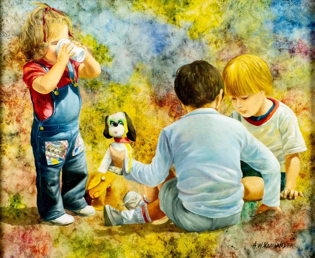 Honey W Kurlander (NY,1929-2026) oil painting: ARTIST: Honey Wachtel Kurlander (New York, 1929 - 2026) TITLE: Children Playing with Toy Dog MEDIUM: oil on canvas CONDITION: Very good. No visible inpaint under UV light. W