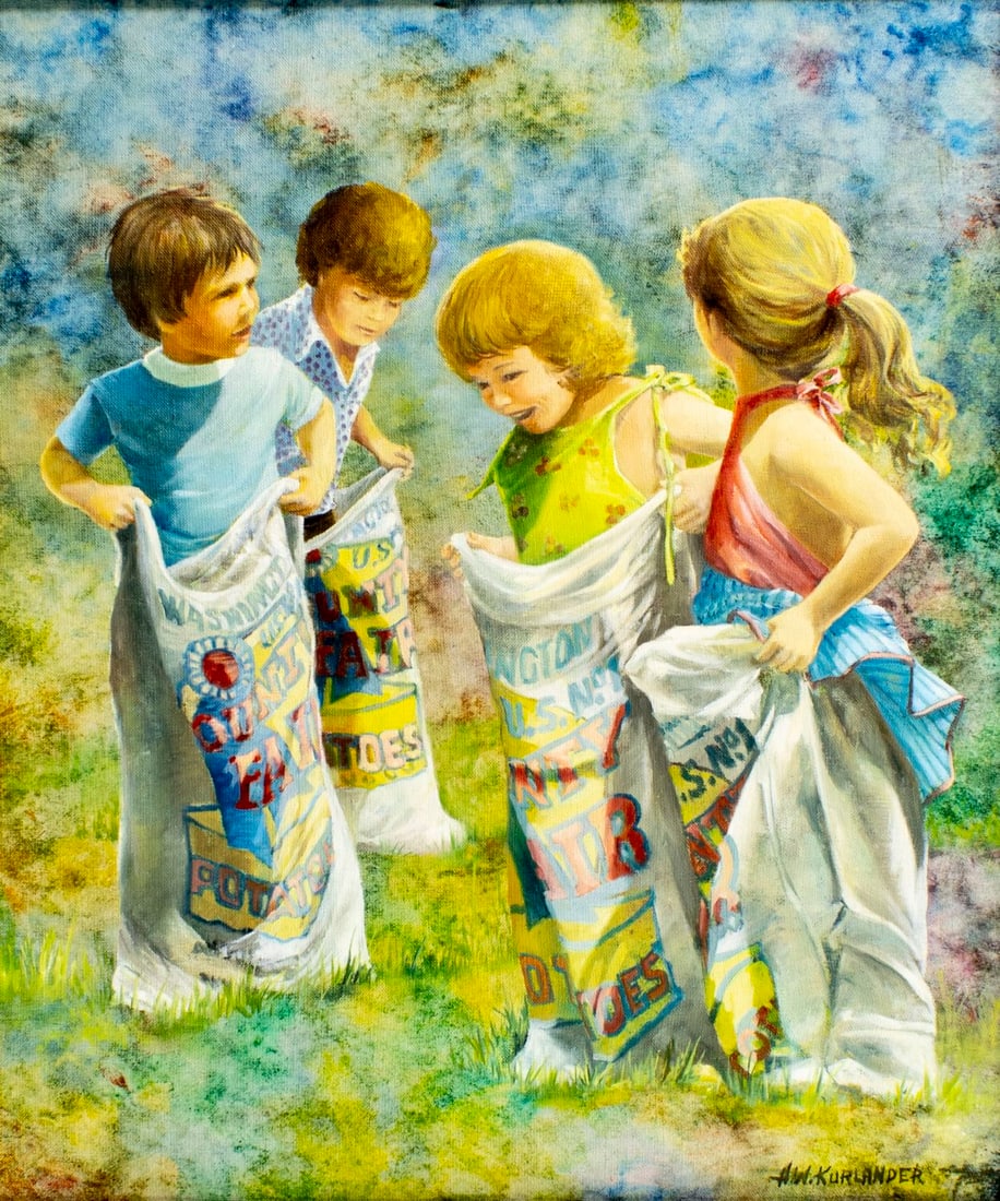 Honey W Kurlander (NY,1929-2026) oil painting: ARTIST: Honey Wachtel Kurlander (New York, 1929 - 2026) TITLE: Children in Sack Race MEDIUM: oil on canvas CONDITION: Very good. No visible inpaint under UV light. Wear to f