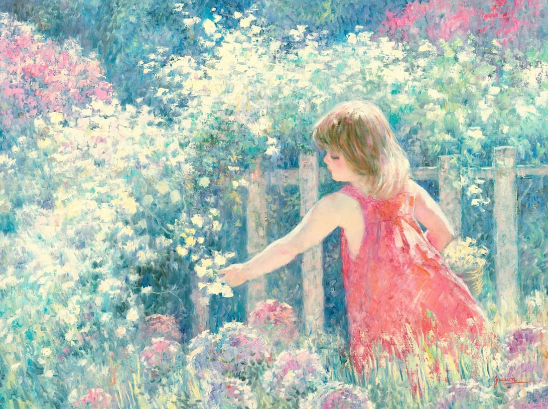 H Jason (Europe,20C) oil painting: ARTIST: H Jason (European, 20 century) TITLE: Girl in the Garden MEDIUM: oil on canvas CONDITION: Unstretched (In-House stretching available). Very good. No visible inpaint