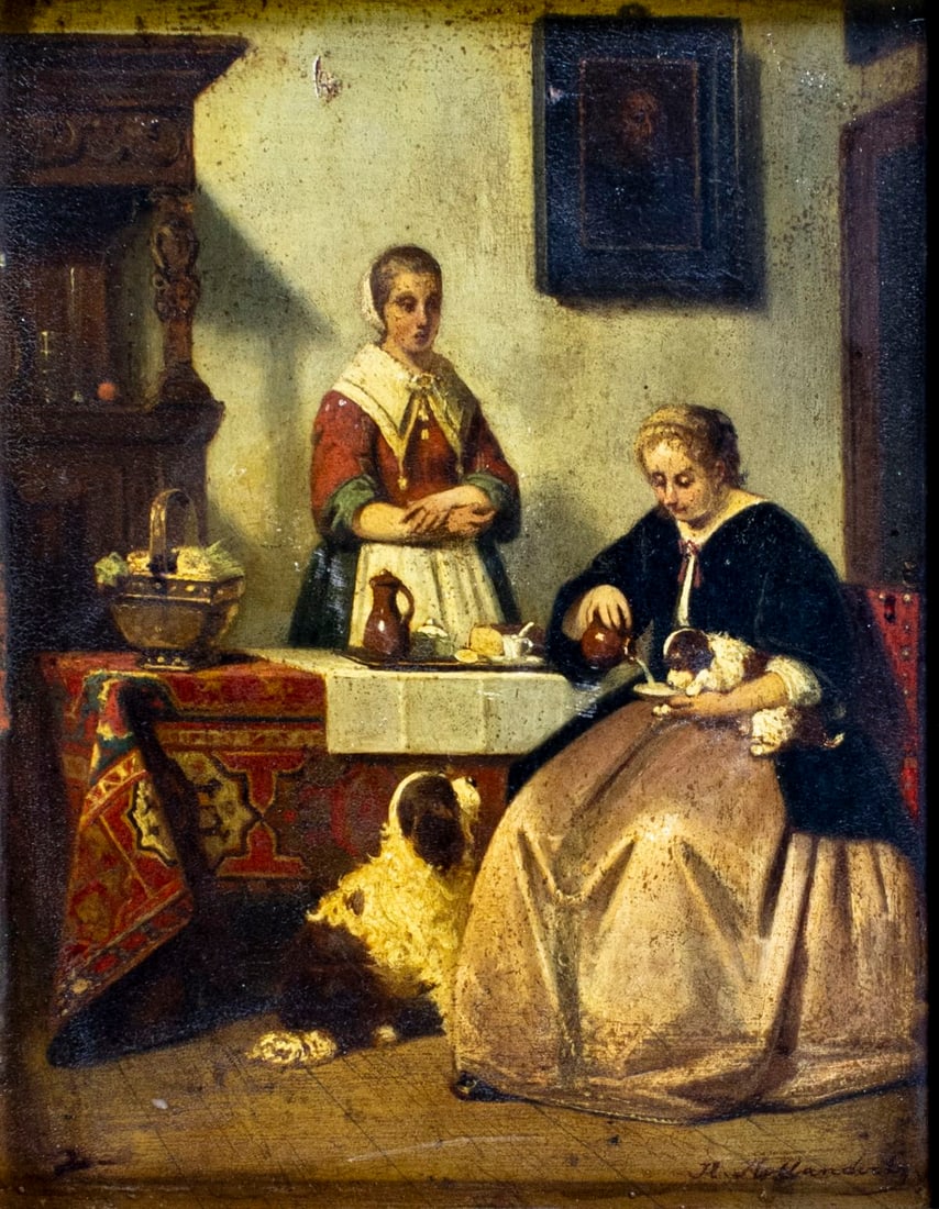 Hendrik Hollander (Dutch,1823-1884) oil painting antique: ARTIST: Hendrik Hollander (Netherlands, 1823 - 1884) TITLE: Woman Feeding Dog MEDIUM: oil on board CONDITION: Some small scratches/paint losses. Some craquelure. No visible