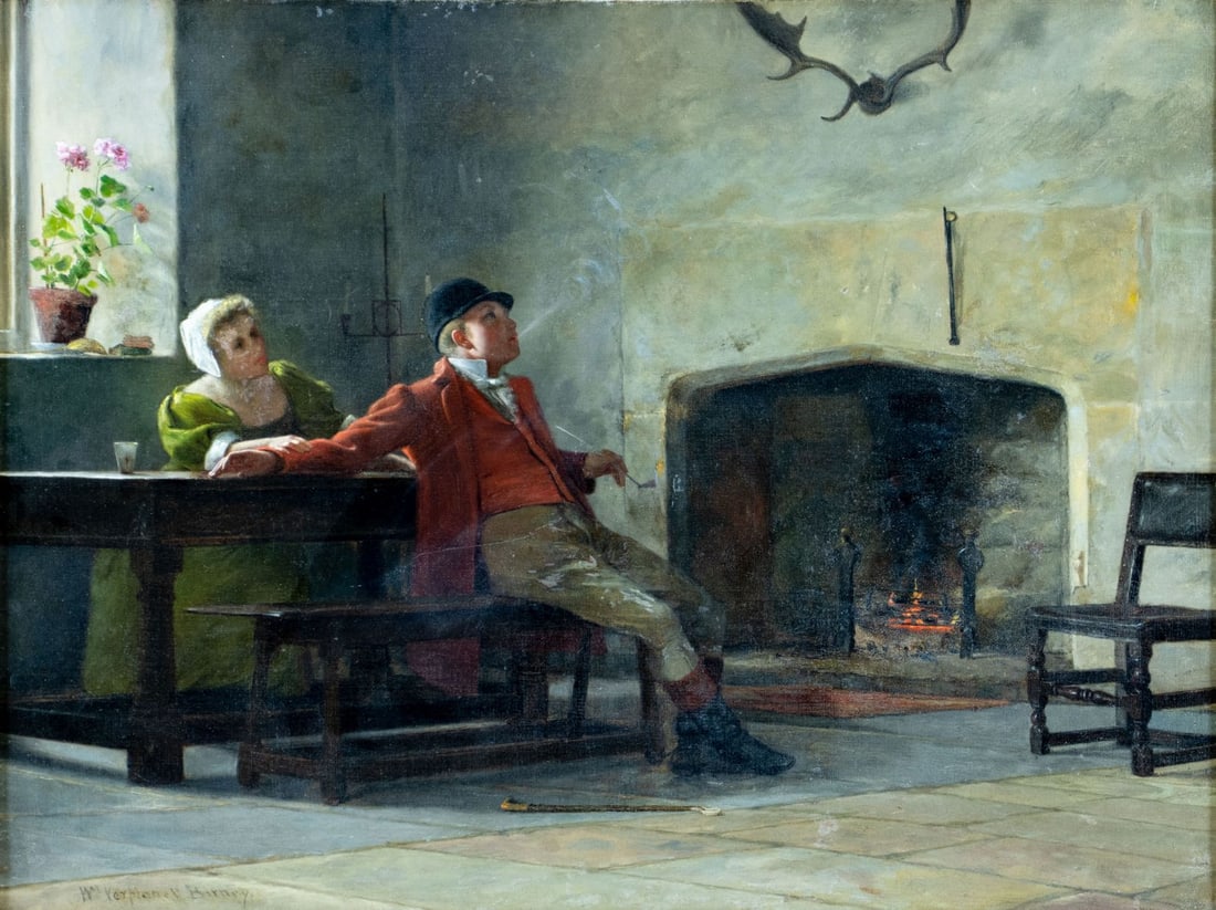 William Birney (NY,OH,1858-1909) oil painting antique: ARTIST: William Verplanck Birney (New York, Ohio, 1858 - 1909) TITLE: After the Hunt MEDIUM: oil on canvas CONDITION: Relined. Missing a few flakes of paint. Minor craquelur