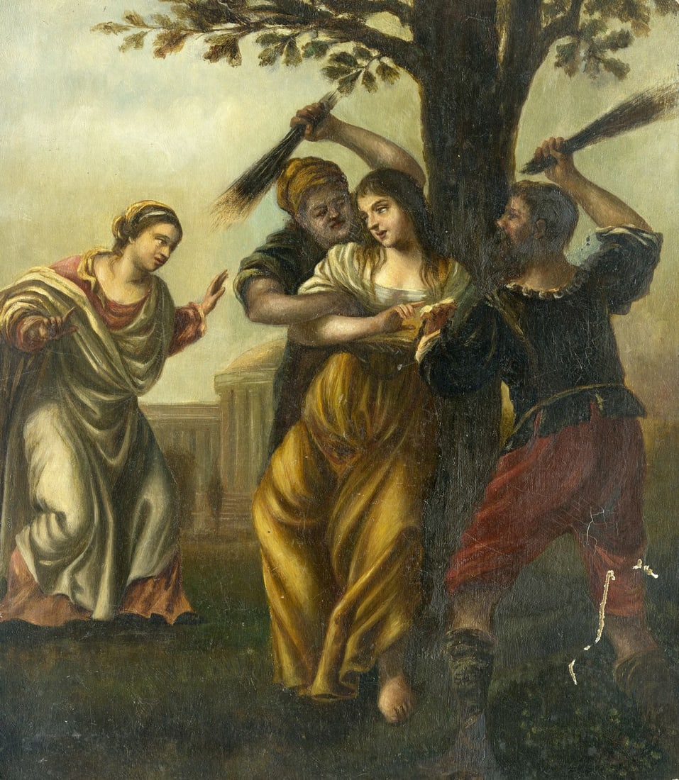 Antique early 20C European oil painting: ARTIST: - (Europe, early 20 century) TITLE: Classical Scene MEDIUM: oil on board CONDITION: Some damages to corners. Some scratches/paint losses. Some craquelure. No visible
