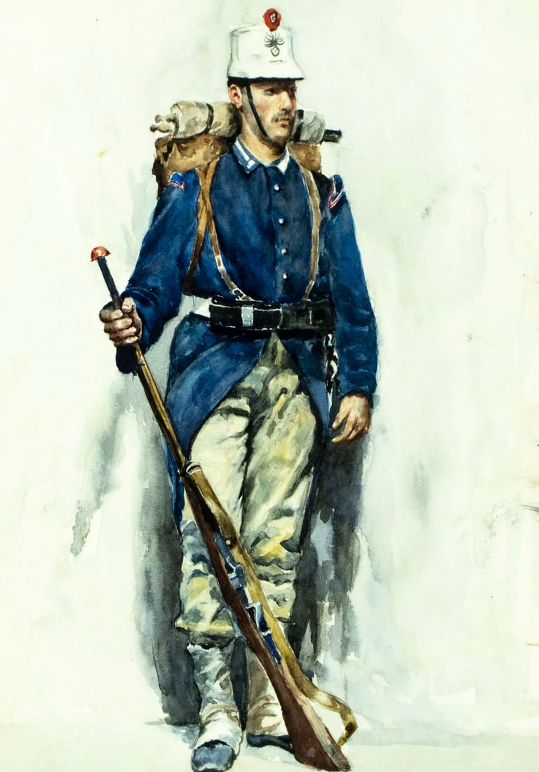 Antique early 20C European watercolor painting: ARTIST: - (Europe, early 20 century) TITLE: French Soldier MEDIUM: watercolor on paper CONDITION: Minor age toning. Framed under glass. Wear to frame. ART SIZE:</