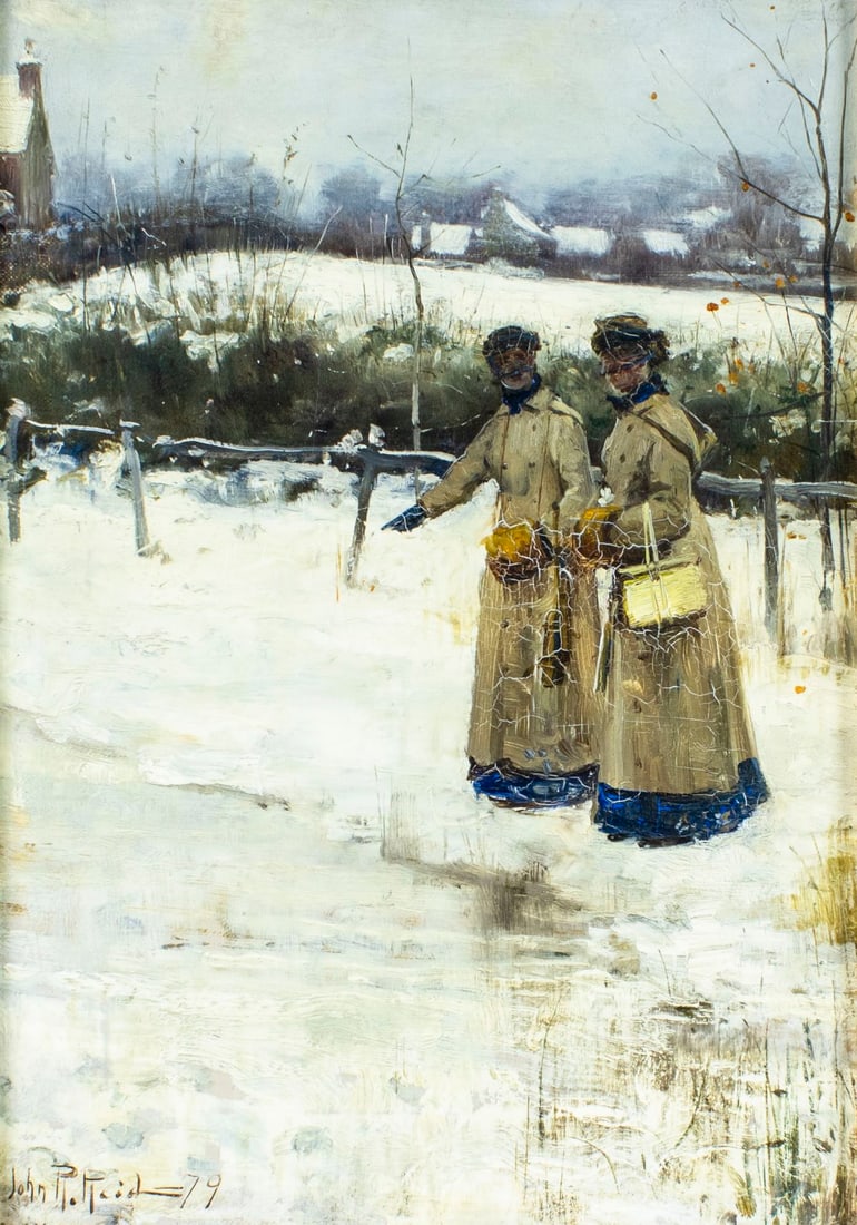 John Robertson Reid (UK,1851-1926) oil painting antique: ARTIST: John Robertson Reid (Unoted Kingdom, 1851 - 1926) TITLE: Winter Scene YEAR: 1879 MEDIUM: oil on canvas CONDITION: Few minor paint losses. Some c