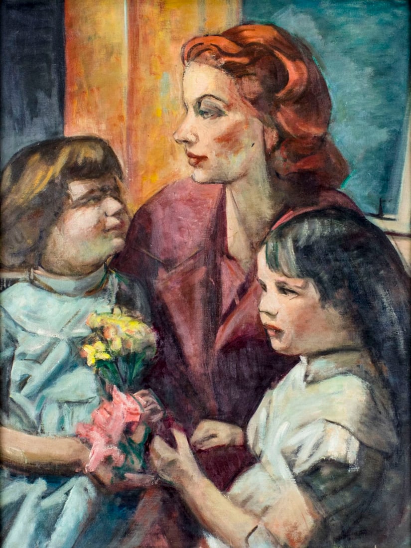 Lillian Cotton (NY,MA,1901-1962) oil painting: ARTIST: Lillian Cotton Impey (New York, Massachusetts, 1901 - 1962) NAME: Woman and Daughters YEAR: 1960 MEDIUM: oil on canvas CONDITION: One small scratch 1" long. No vi