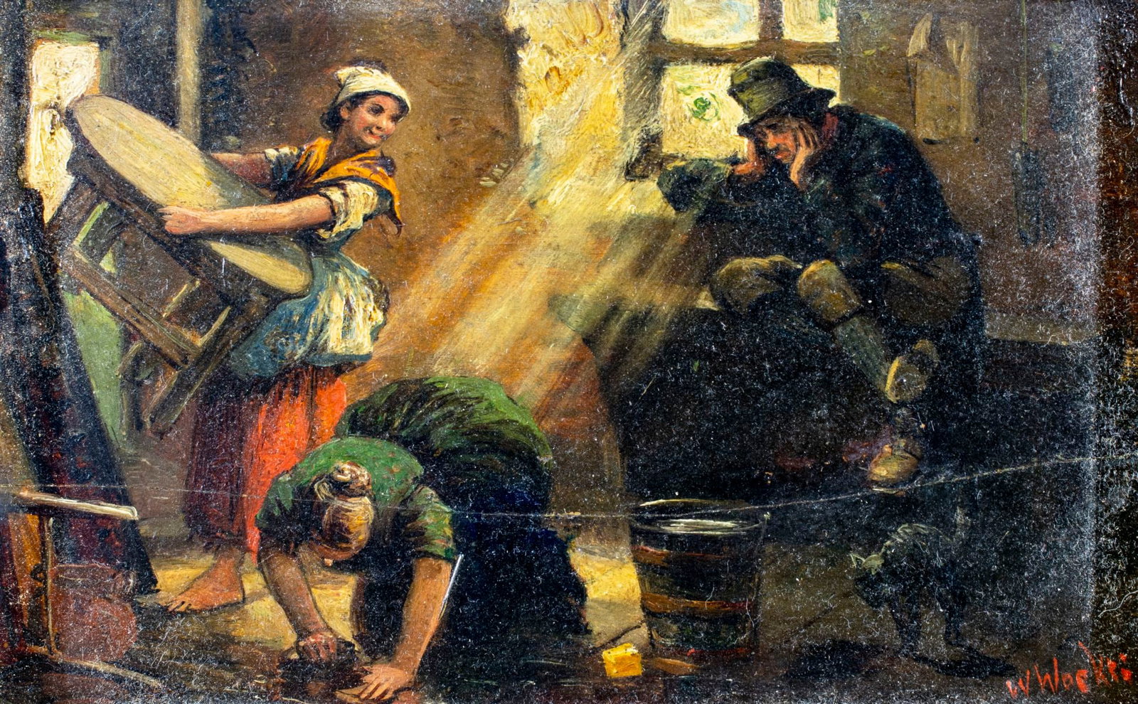 Antique 19C European oil painting signed: ARTIST: - (Europe, 19 century) TITLE: Interior Scene MEDIUM: oil on board. Board applied to newer board. CONDITION: Board has horizontal crack. Missing a few flakes of paint