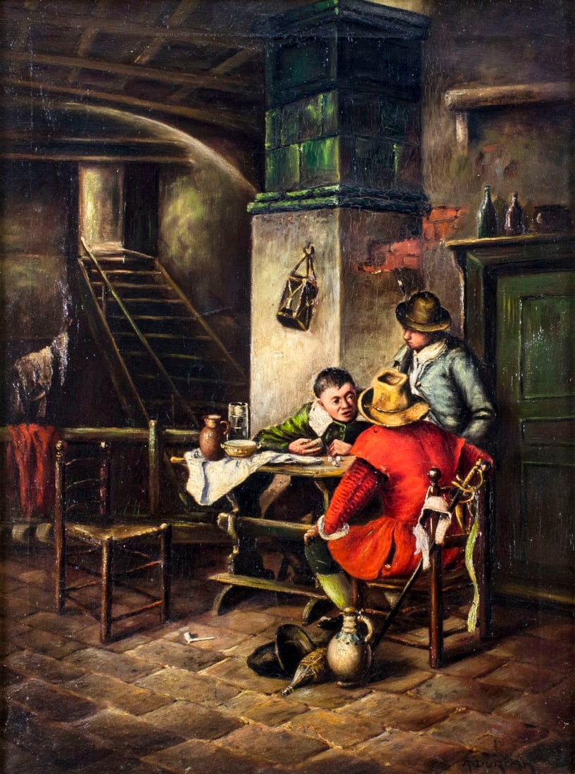A Durcak (German,19/20C) oil painting antique: ARTIST: A Durcak (Germany, 19/20 century) NAME: Tavern Scene MEDIUM: oil on canvas CONDITION: Some craquelure. No visible inpaint under UV light. SIGHT SIZE: 32 x 24 inches / 81 x 60 cm
