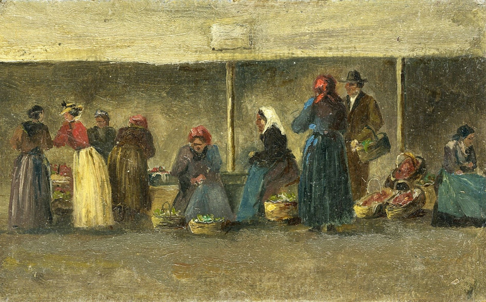 Antique 19C European oil painting antique: ARTIST: - (Europe, 19 century) TITLE: Market Scene YEAR: 1897 MEDIUM: oil on board CONDITION: Minor damages to corners. Few minor paint losses. No visibl