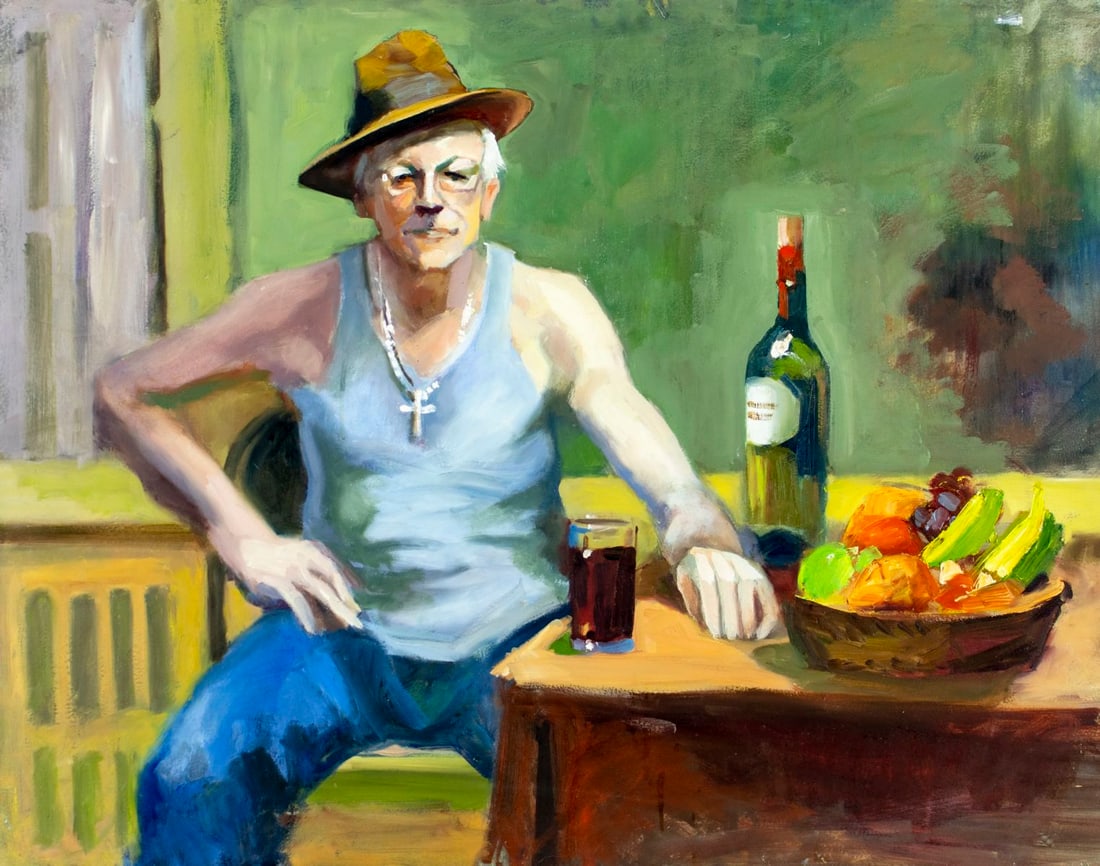 John Reilly (NY,NJ,1942-2021) oil painting: ARTIST: John Reilly (New York, New Jersey, 1942 - 2021) TITLE: Man Drinking Wine MEDIUM: oil on board CONDITION: Minor damages to the left corners. Some scratches/paint loss