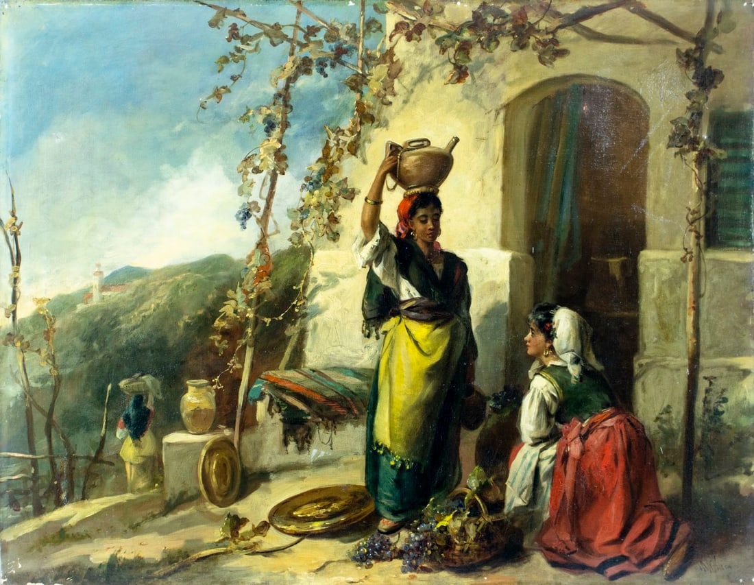 Thomas Kent Pelham (UK,fl.1860-1891) oil painting antique: ARTIST: Thomas Kent Pelham (United Kingdom, fl.1860 - 1891) TITLE: Village Scene with Peasant Women MEDIUM: oil on canvas CONDITION: One small patch. Some paint losses mostl