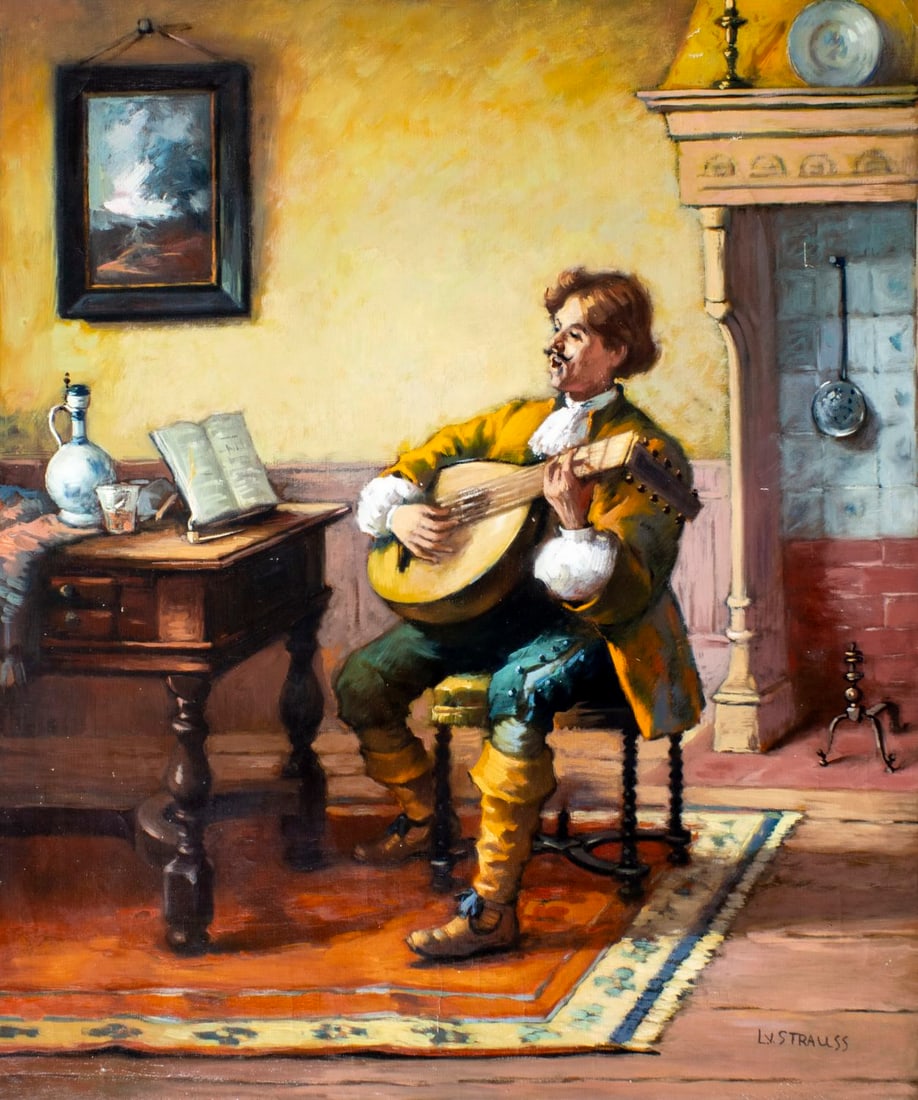 L V Strauss (German,20C) oil painting: ARTIST: L V Strauss (Germany, 20 century) TITLE: Man Playing Lute MEDIUM: oil on canvas CONDITION: Unstretched (In-House stretching available) (In-House stretching available