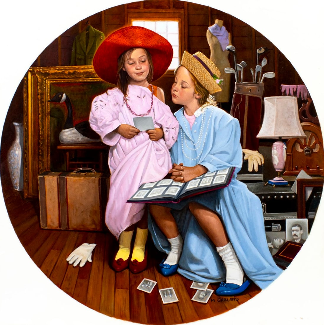 Michael Garland (NY,b 1952) oil painting: ARTIST: Michael Garland (New York, born 1952) TITLE: Attic Treasures - 2 Young Girls in Cluttered Attic (titled on verso) YEAR: 1993 MEDIUM: oil on board CONDITIO