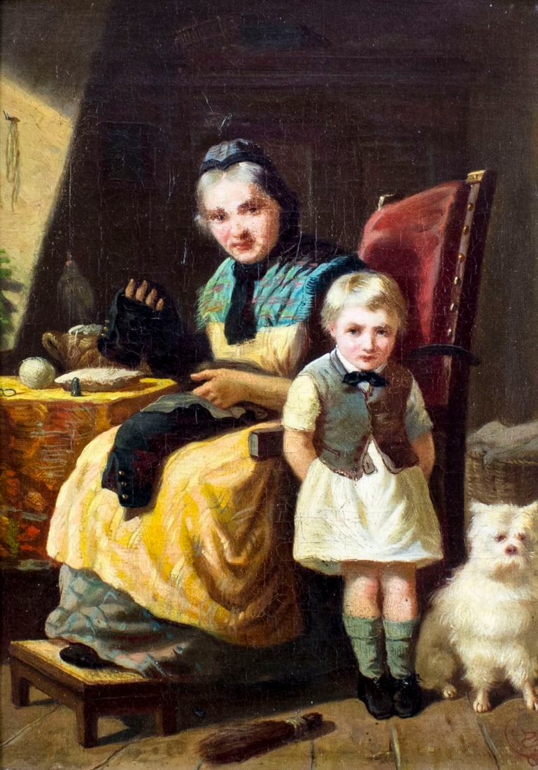 Antique 19C European oil painting: ARTIST: - (Europe, 19 century) TITLE: Interior Scene with Grandmother and Child MEDIUM: oil on canvas CONDITION: One patch. Some craquelure. Few minor scattered inpaintings/
