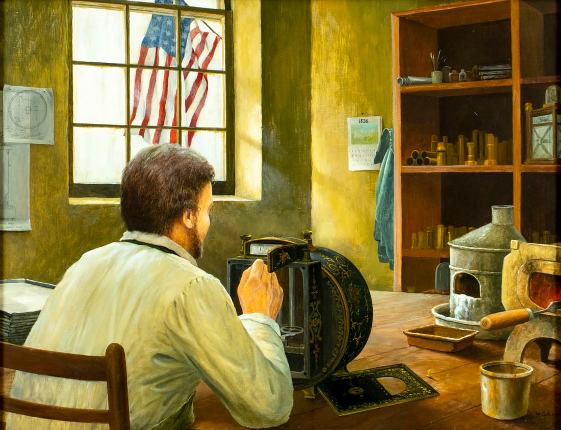 Willi Schiener (US,b 1939) oil painting: ARTIST: Willi Schiener (American, born 1939) TITLE: Man in Workshop MEDIUM: oil on board CONDITION: Very good. No visible inpaint under UV light. Minor damages to the frame.