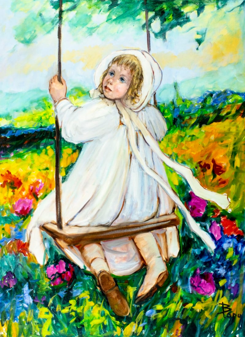 Irene Borg (CA,b 1950) oil painting: ARTIST: Irene Borg (California, born 1950) TITLE: Girl on Swing MEDIUM: oil on canvas CONDITION: Unstretched (In-House stretching available) (In-House stretching available).