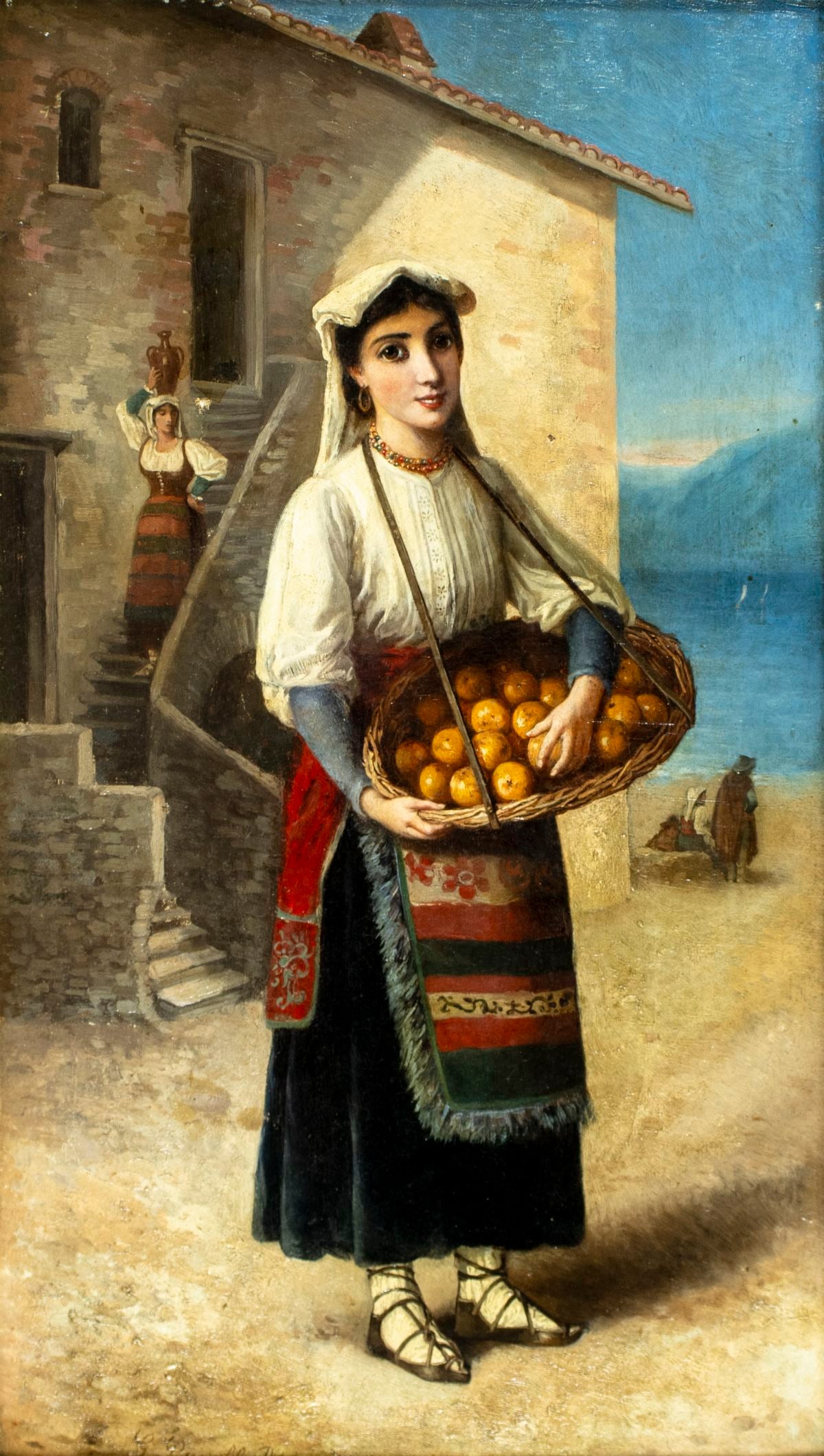 George Lunell Brown (UK,19C) oil painting antique: ARTIST: George Lunell Brown (United Kingdom, 19 century) TITLE: Italian Woman with Basket of Oranges MEDIUM: oil on canvas CONDITION: Few patches. Some paint losses mostly a