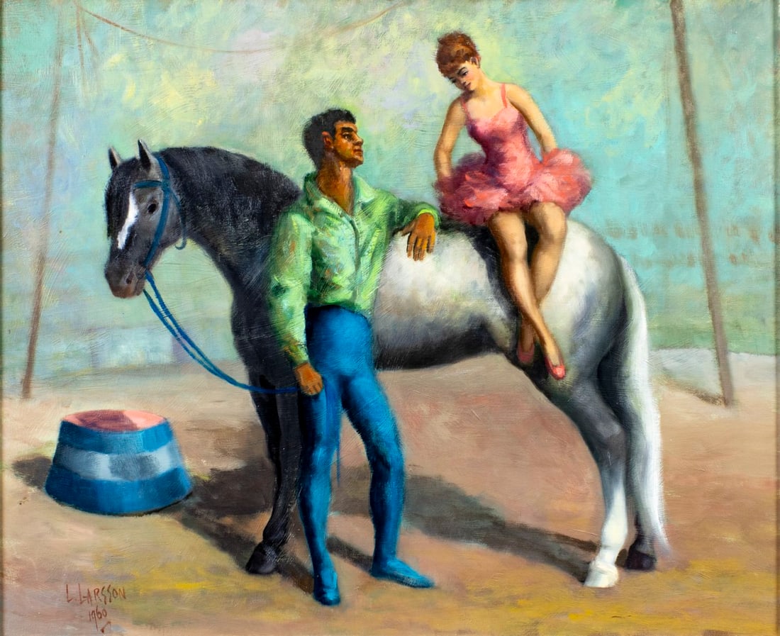Leslie Larsson (TX,1913-1970) oil painting: ARTIST: Leslie Larsson (Texas, 1913 - 1970) TITLE: Circus Performers YEAR: 1960 MEDIUM: oil on board CONDITION: Overall good. No visible inpaint under UV