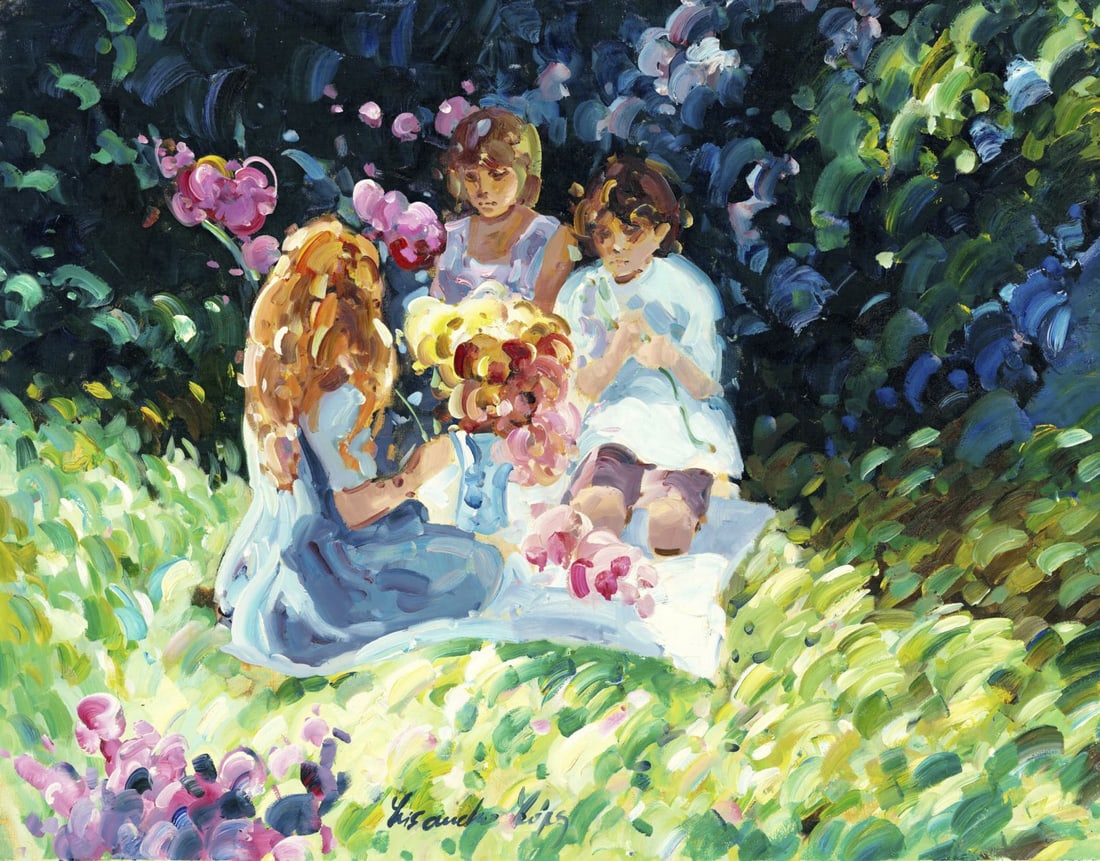Lisandro Baylon (Argentina,US,b 1951) oil painting: ARTIST: Lisandro Lopez Baylon (Argentinian, American, born 1951) TITLE: Three Women Making Flower Bouquet MEDIUM: oil on canvas CONDITION: Unstretched (In-House stretching a