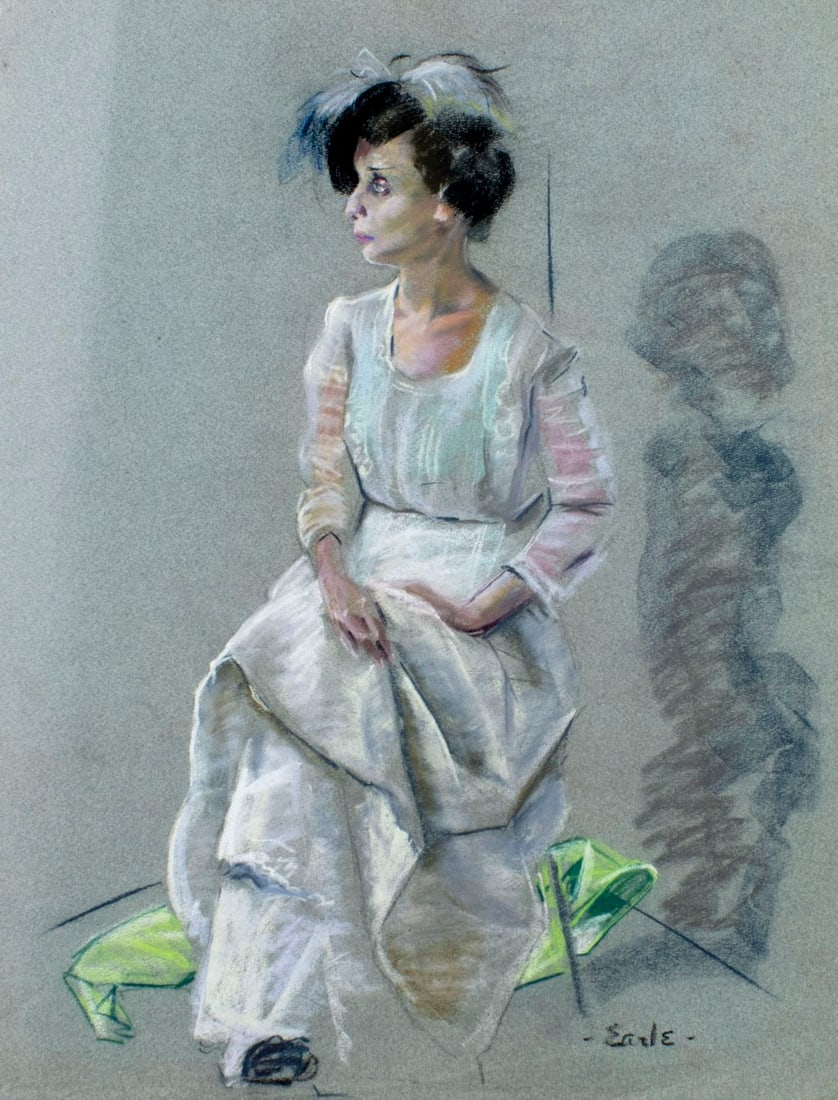 Maurice James Earle (NJ,1905-?) pastel painting: ARTIST: Maurice James Earle (New Jersey, 1905 - ???) TITLE: Woman in White Dress MEDIUM: pastel on heavy paper CONDITION: Minor crumpling to lower edge. Few small crease lin