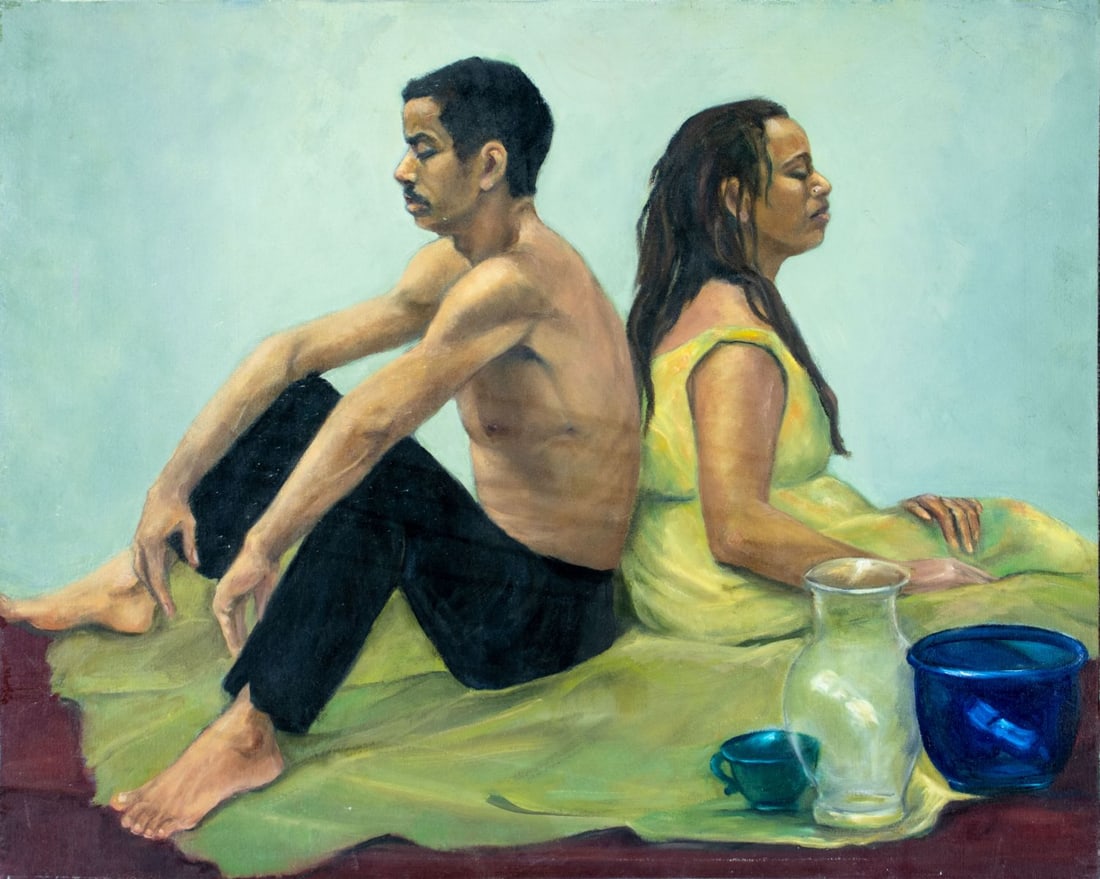 Penny Purpura (US,20C) oil painting: ARTIST: Penny Purpura (American, 20 century) TITLE: Seated Couple MEDIUM: oil on canvas CONDITION: Few minor paint losses. No visible inpaint under UV light. ART