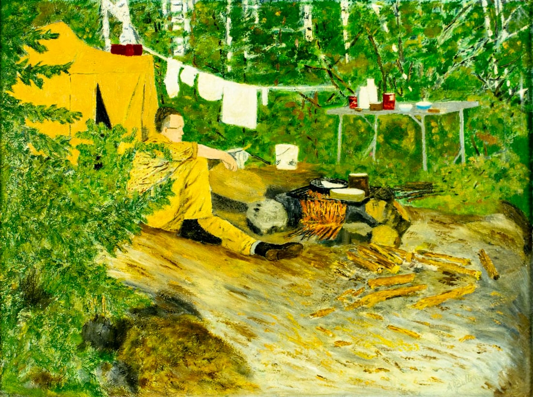 A Bullen (Canada,20C) oil painting: ARTIST: A Bullen (Canadian, 20 century) TITLE: Camping Scene, Timagami, Ontario, Canada MEDIUM: oil on canvas CONDITION: Few minor paint losses. Very mnor craquelure. No vis