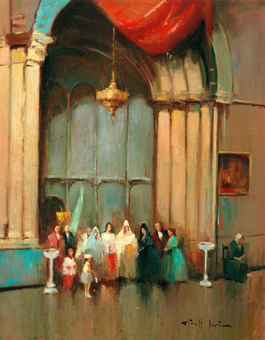 Joan Giralt Lerin (Spain,1907-?) oil painting: ARTIST: Joan Giralt Lerin (Spanish, 1907 - ???) TITLE: Church Interior Scene MEDIUM: oil on canvas CONDITION: Unstretched (In-House stretching available). Few small scratche