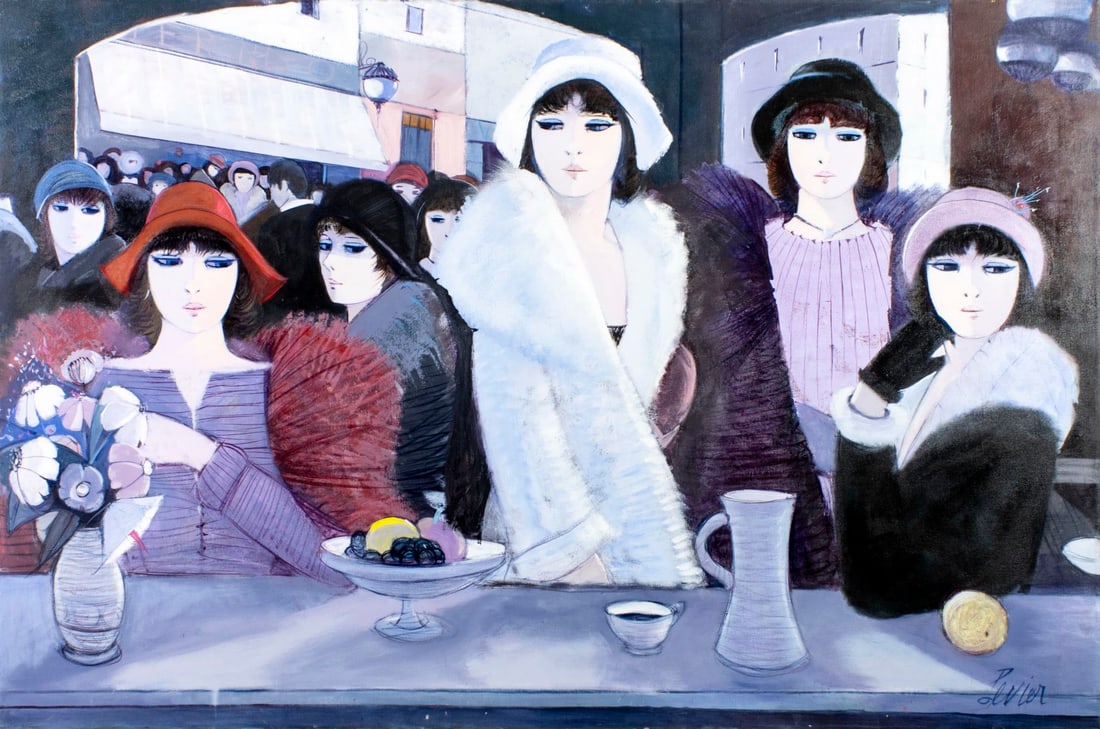 Charles Levier (French,NY,CA,1920-2003) oil painting: ARTIST: Charles Levier (France, New York, California, 1920 - 2003) TITLE: Women at Cafe MEDIUM: oil on canvas CONDITION: Few small scratches/paint losses mostly by the lower