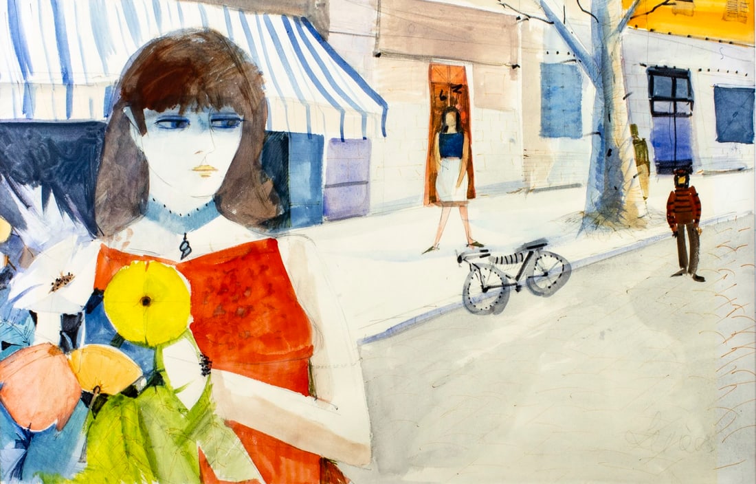 Charles Levier (French,NY,CA,1920-2003) watercolor painting: ARTIST: Charles Lever (France, New York, California, 1920 - 2003) TITLE: Woman with Flowers MEDIUM: watercolor on paper CONDITION: Minor age toning. Framed under glass. Mino
