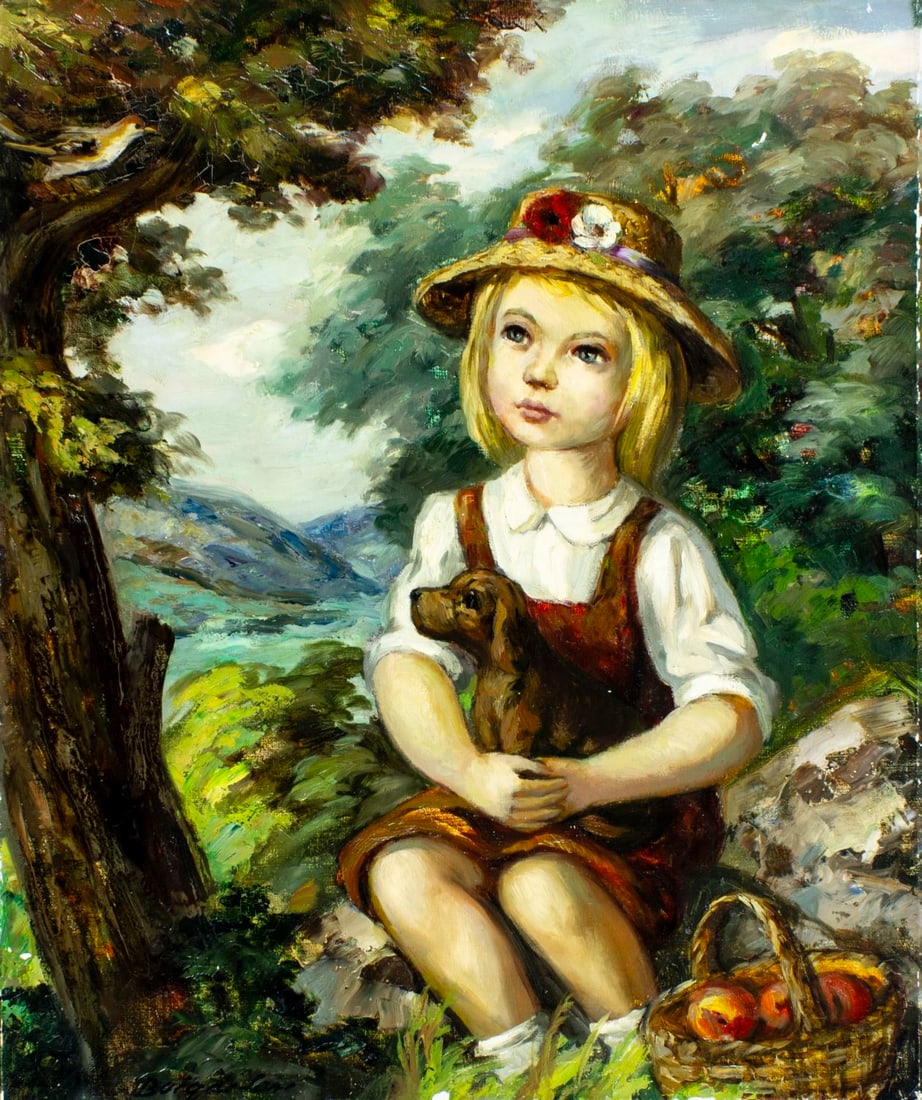 Jose Buigas (Spain,1927-?) oil painting: ARTIST: Jose Buigas (Spanish, 1927 - ???) TITLE: Girl with Puppy MEDIUM: oil on canvas CONDITION: Unstretched (In-House stretching available) (In-House stretching available)