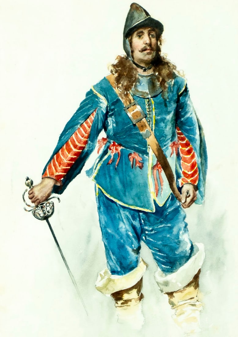 Antique early 20C European watercolor painting: ARTIST: - (Europe, mid 20 century) TITLE: European Soldier MEDIUM: watercolor on paper CONDITION: Minor age toning. Framed under glass. Wear to frame. ART SIZE:</